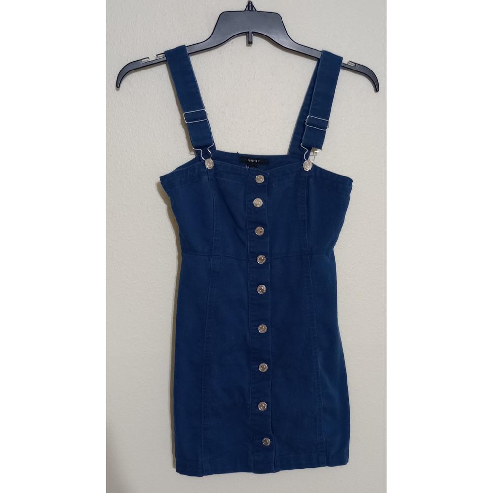 Forever 21 Womens Blue Denim Button Down Mini Dress Pinafore Sz S Overall Strap